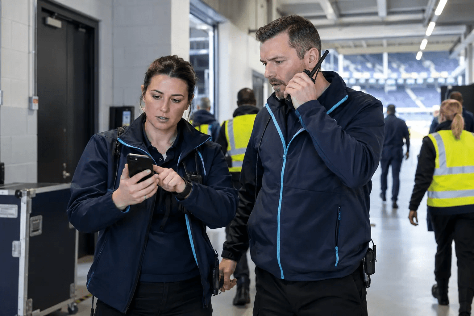 Stadium operations colleagues coordinating by radio and mobile communications