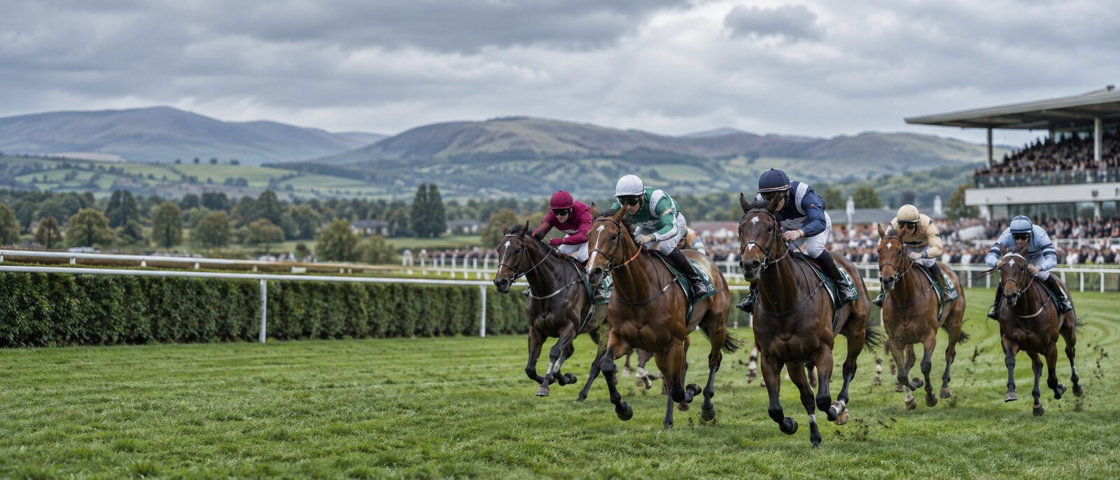 Horses racing past a busy grandstand on race day